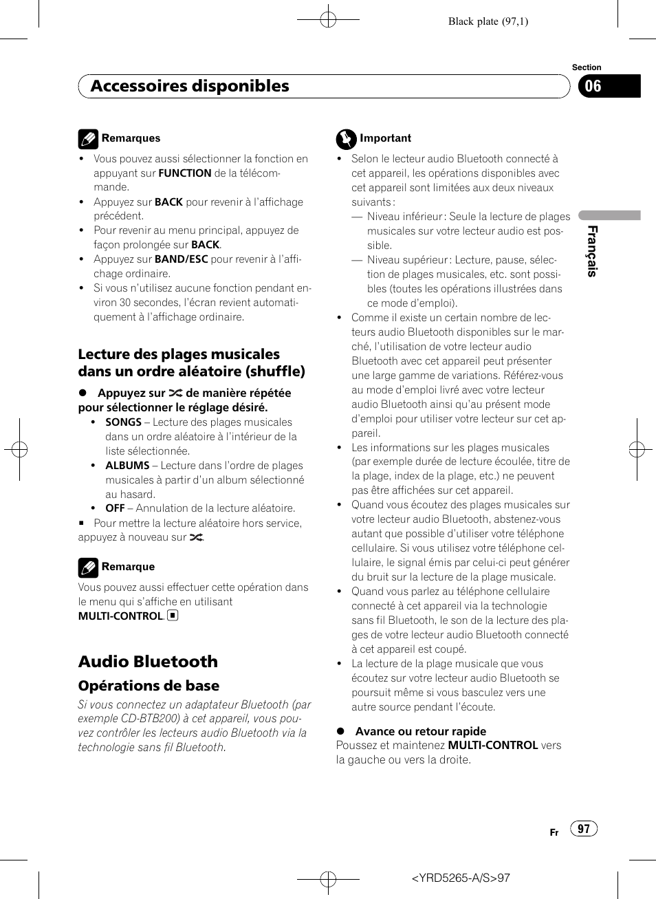 Lecture des plages musicales dans un, Ordre aléatoire (shuffle), Audio bluetooth | Opérations de base 97, Accessoires disponibles, Opérations de base | Pioneer DEH P4100UB User Manual | Page 97 / 187