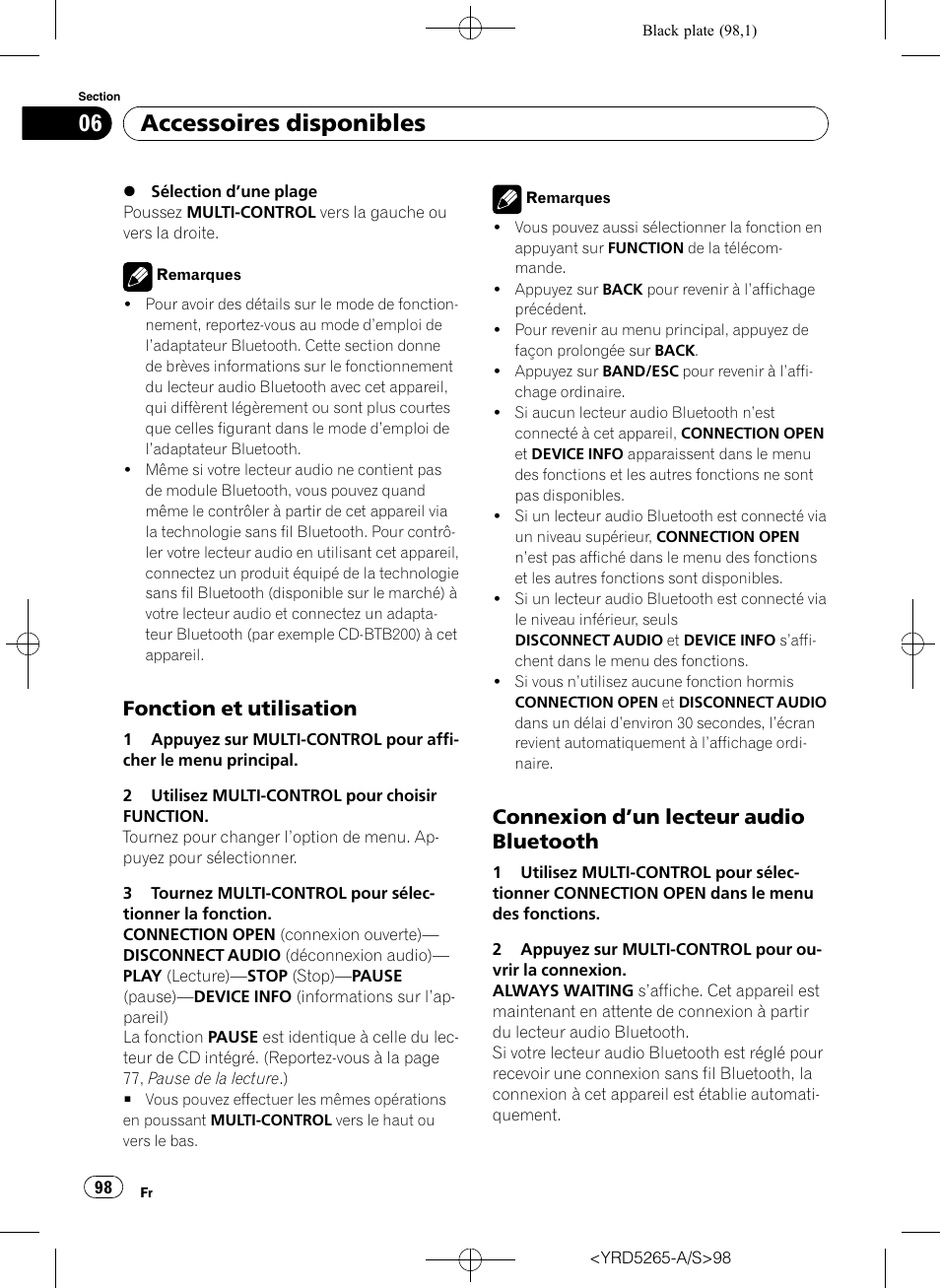Fonction et utilisation 98, Connexion d’un lecteur audio, Bluetooth | Accessoires disponibles, Fonction et utilisation, Connexion d ’un lecteur audio bluetooth | Pioneer DEH P4100UB User Manual | Page 98 / 187