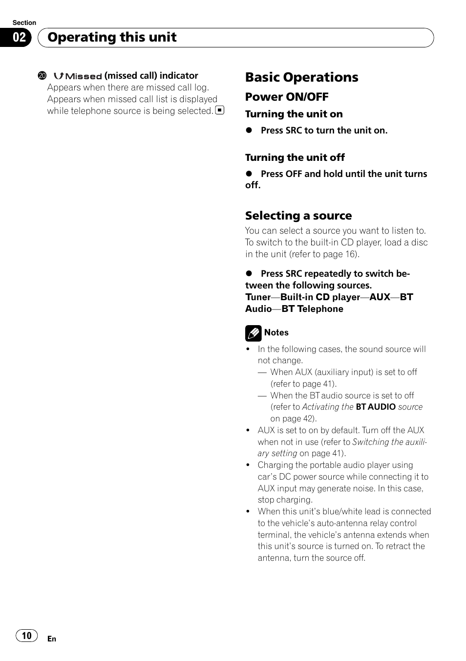 Basic operations, Power on/off 10, Selecting a source 10 | Operating this unit, Power on/off, Selecting a source | Pioneer DEH-600BT User Manual | Page 10 / 51