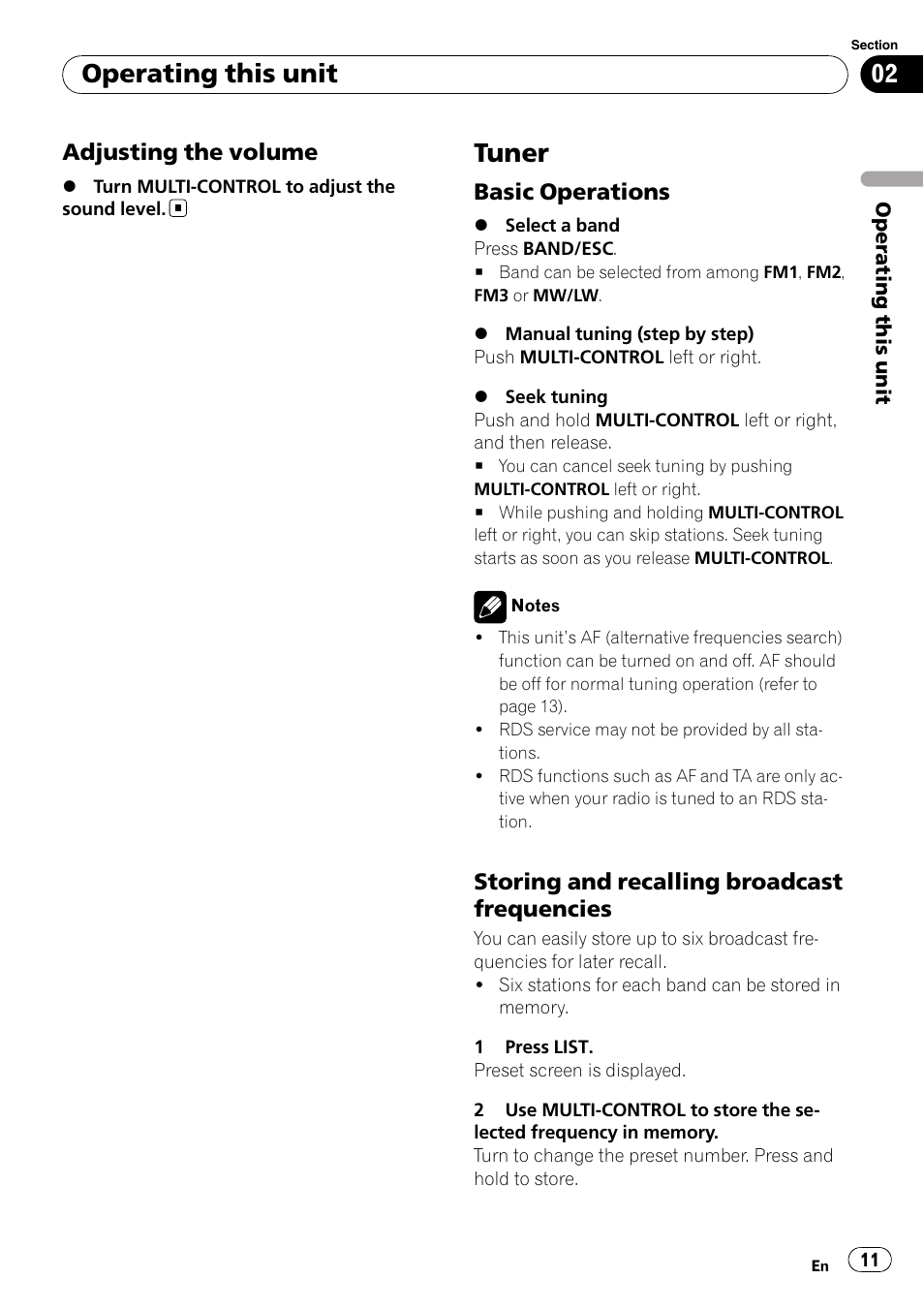 Adjusting the volume 11, Tuner, Basic operations 11 | Storing and recalling broadcast, Frequencies, Operating this unit | Pioneer DEH-600BT User Manual | Page 11 / 51