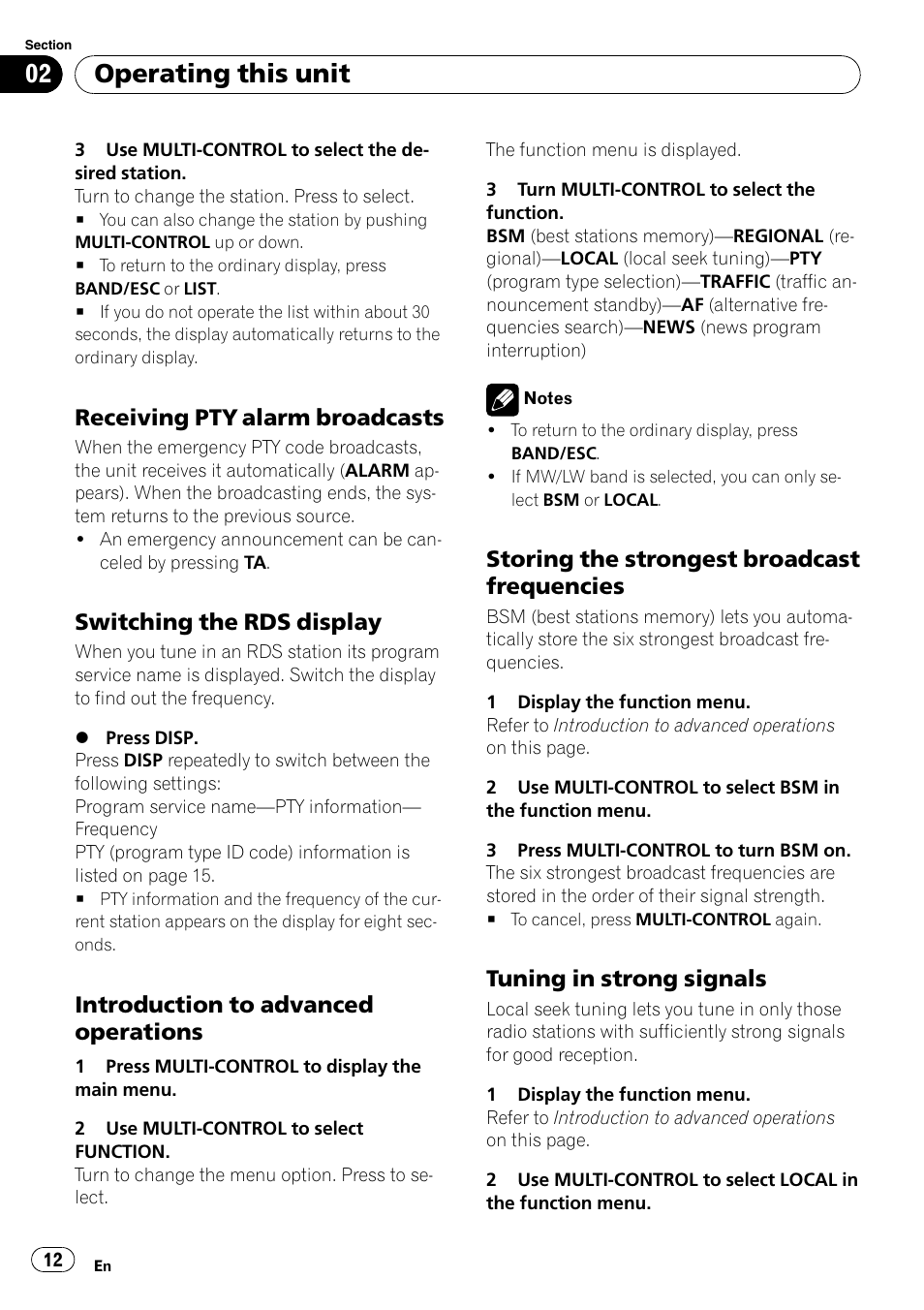 Receiving pty alarm broadcasts 12, Switching the rds display 12, Introduction to advanced | Operations, Storing the strongest broadcast, Frequencies, Tuning in strong signals 12, Operating this unit, Receiving pty alarm broadcasts, Switching the rds display | Pioneer DEH-600BT User Manual | Page 12 / 51
