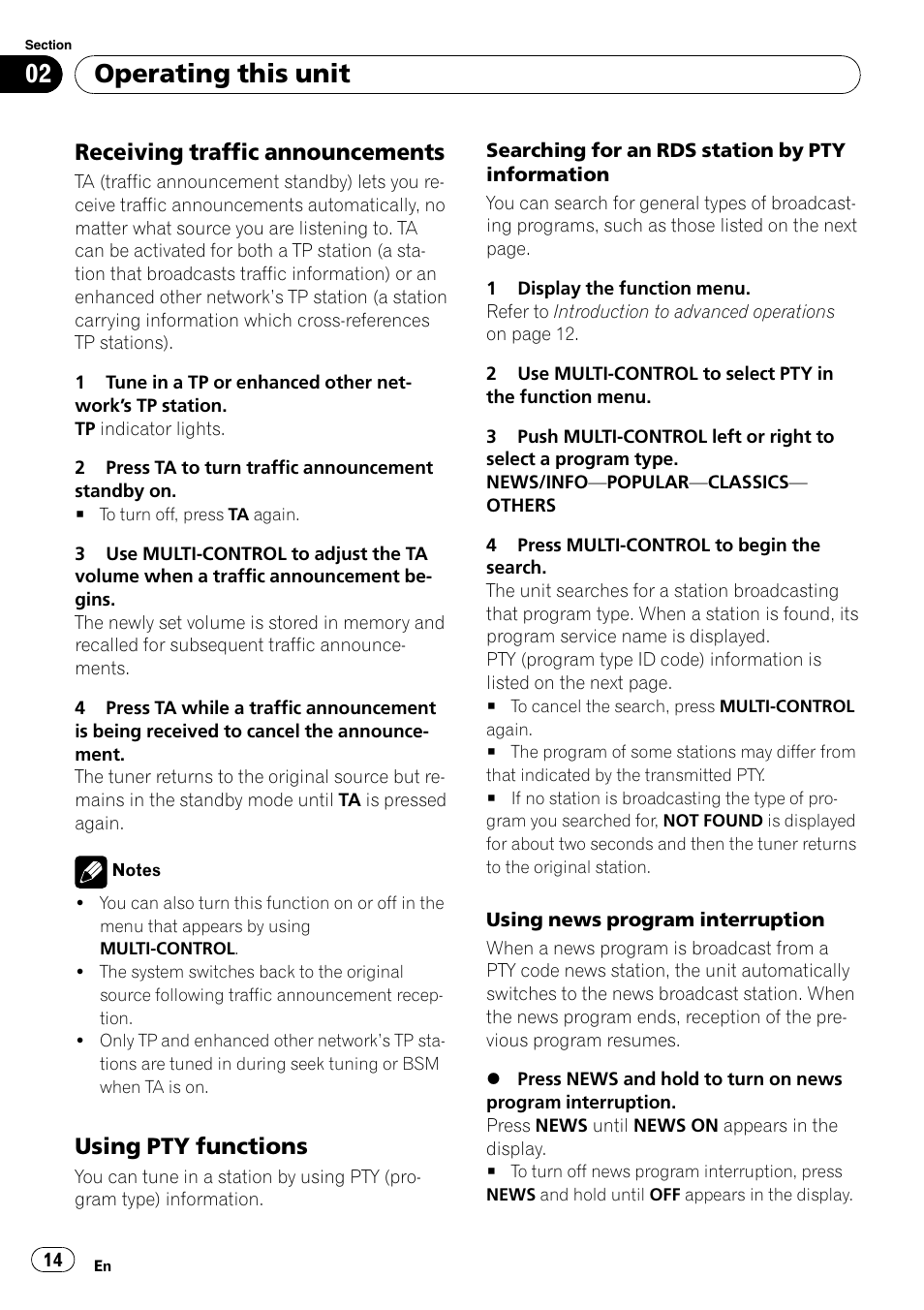 Receiving traffic announcements 14, Using pty functions 14, Operating this unit | Receiving traffic announcements, Using pty functions | Pioneer DEH-600BT User Manual | Page 14 / 51
