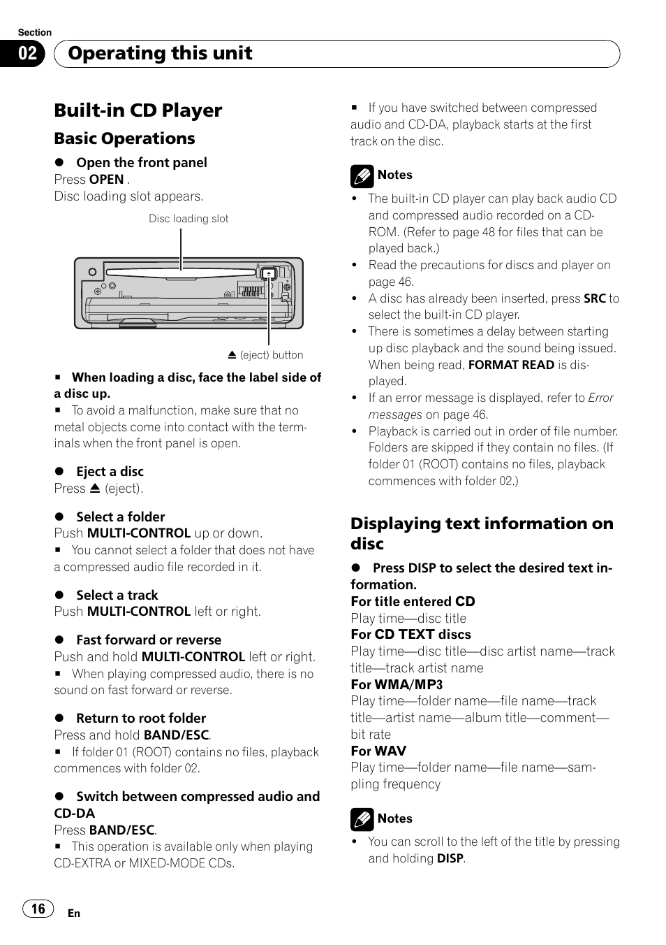 Built-in cd player, Basic operations 16, Displaying text information on disc 16 | Operating this unit, Basic operations, Displaying text information on disc | Pioneer DEH-600BT User Manual | Page 16 / 51