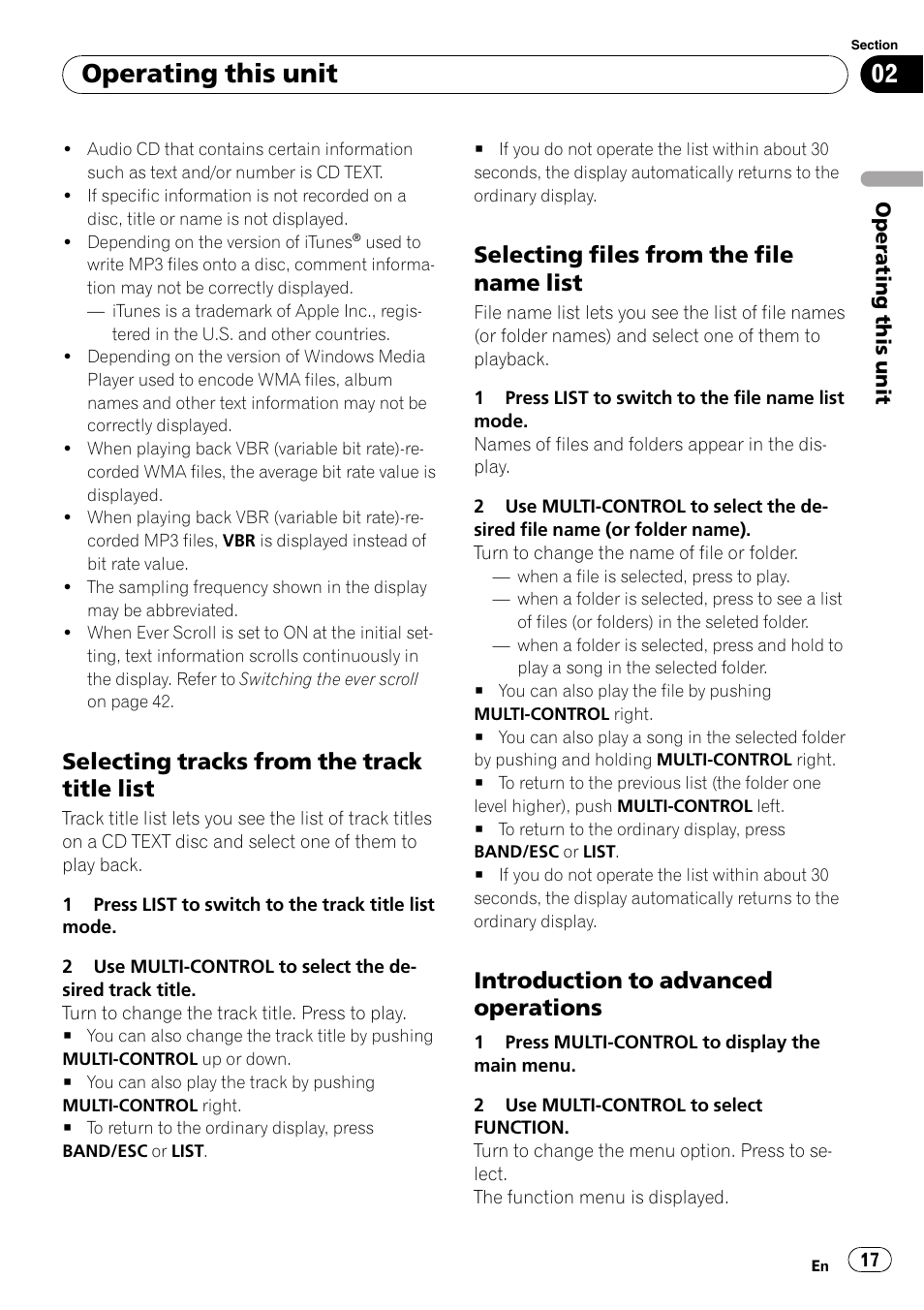 Selecting tracks from the track title, List, Selecting files from the file name | Introduction to advanced, Operations, Operating this unit, Selecting tracks from the track title list, Selecting files from the file name list, Introduction to advanced operations | Pioneer DEH-600BT User Manual | Page 17 / 51