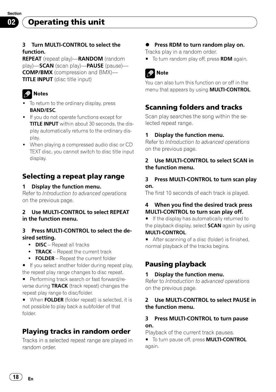 Selecting a repeat play range 18, Playing tracks in random order 18, Scanning folders and tracks 18 | Pausing playback 18, Operating this unit, Selecting a repeat play range, Playing tracks in random order, Scanning folders and tracks, Pausing playback | Pioneer DEH-600BT User Manual | Page 18 / 51