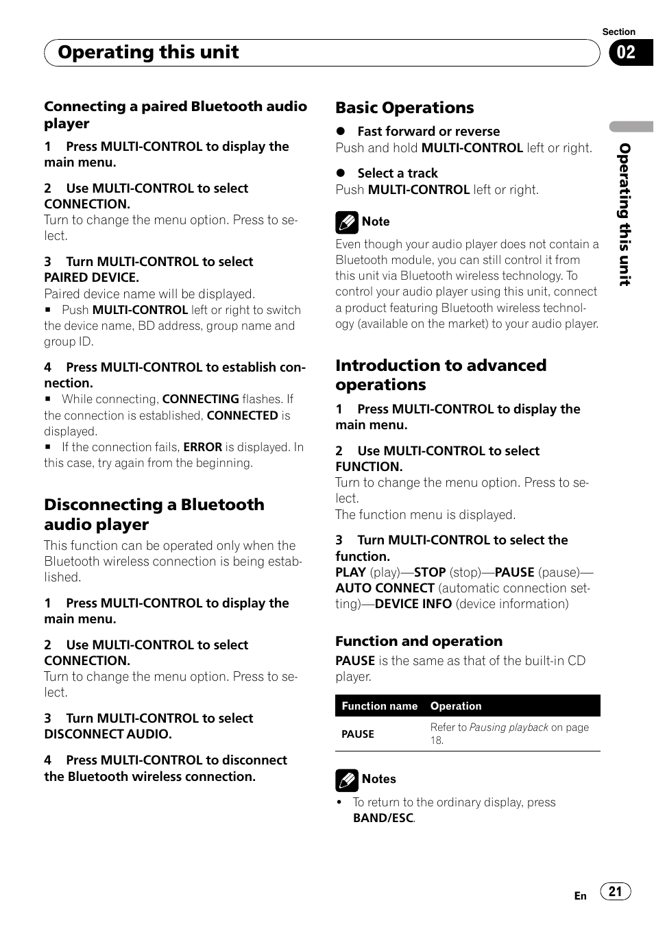 Disconnecting a bluetooth audio, Player, Basic operations 21 | Introduction to advanced, Operations, Operating this unit, Disconnecting a bluetooth audio player, Basic operations, Introduction to advanced operations | Pioneer DEH-600BT User Manual | Page 21 / 51