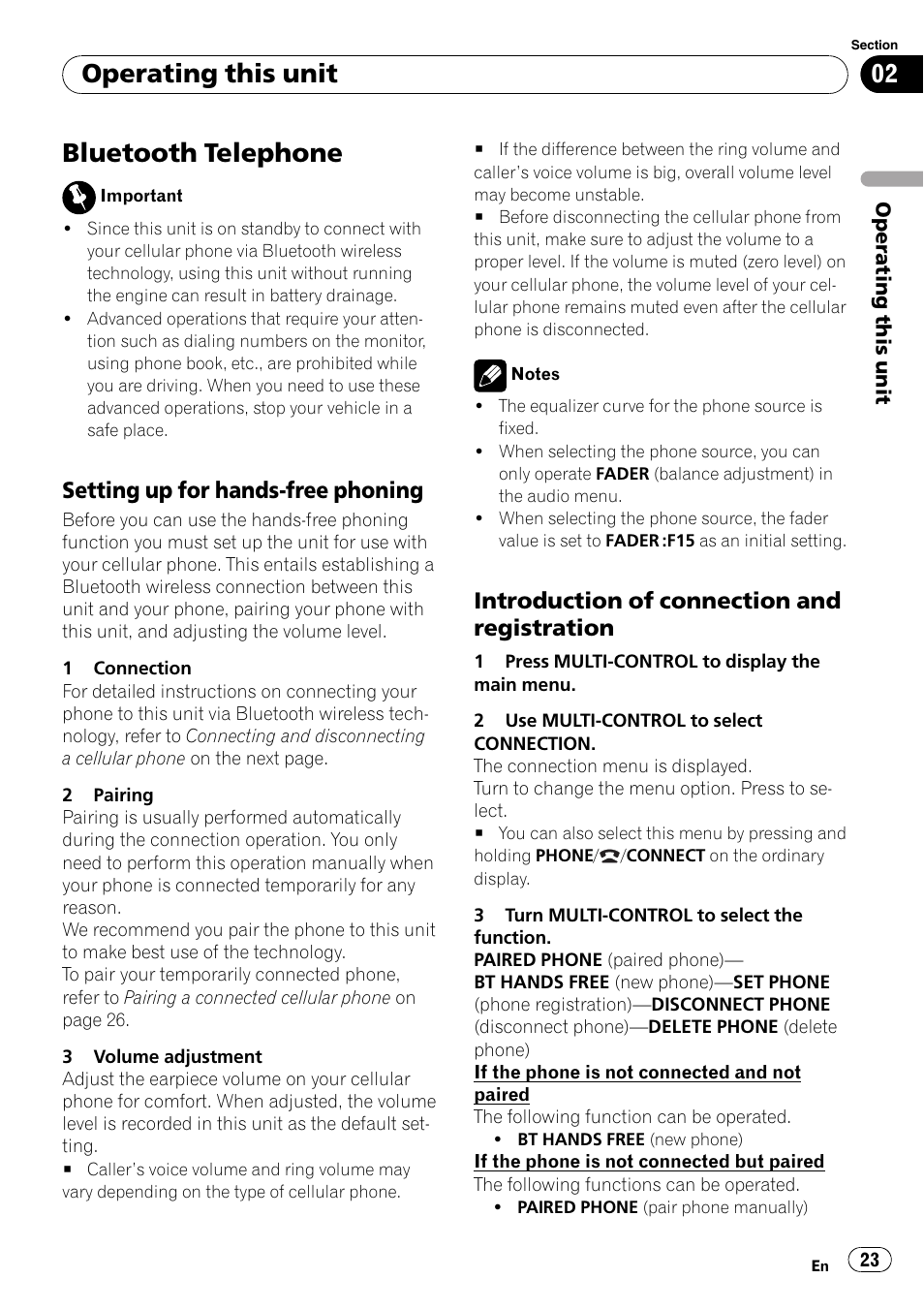 Bluetooth telephone, Setting up for hands-free phoning 23, Introduction of connection and | Registration, Operating this unit, Setting up for hands-free phoning, Introduction of connection and registration | Pioneer DEH-600BT User Manual | Page 23 / 51