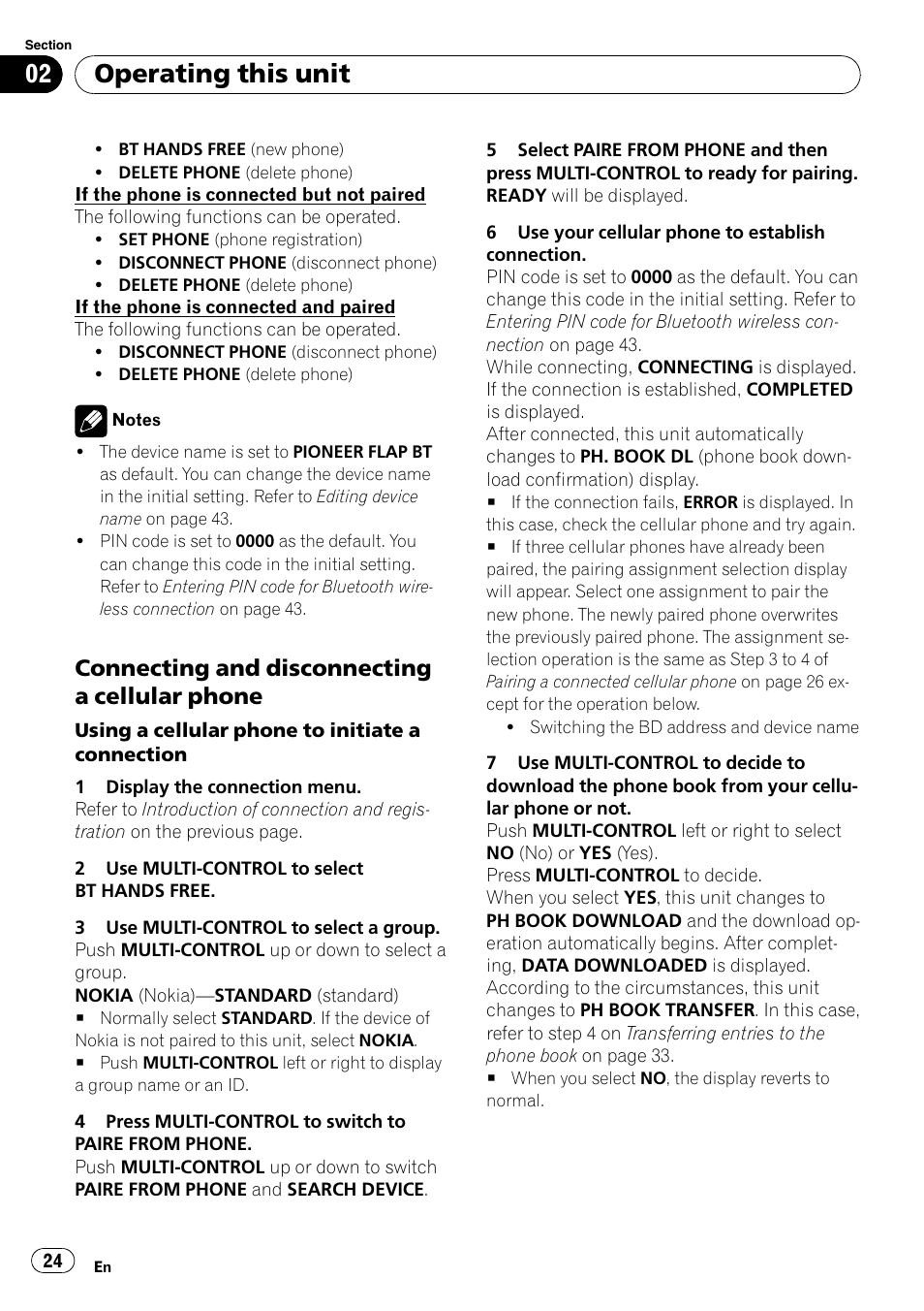 Connecting and disconnecting a, Cellular phone, Operating this unit | Connecting and disconnecting a cellular phone | Pioneer DEH-600BT User Manual | Page 24 / 51