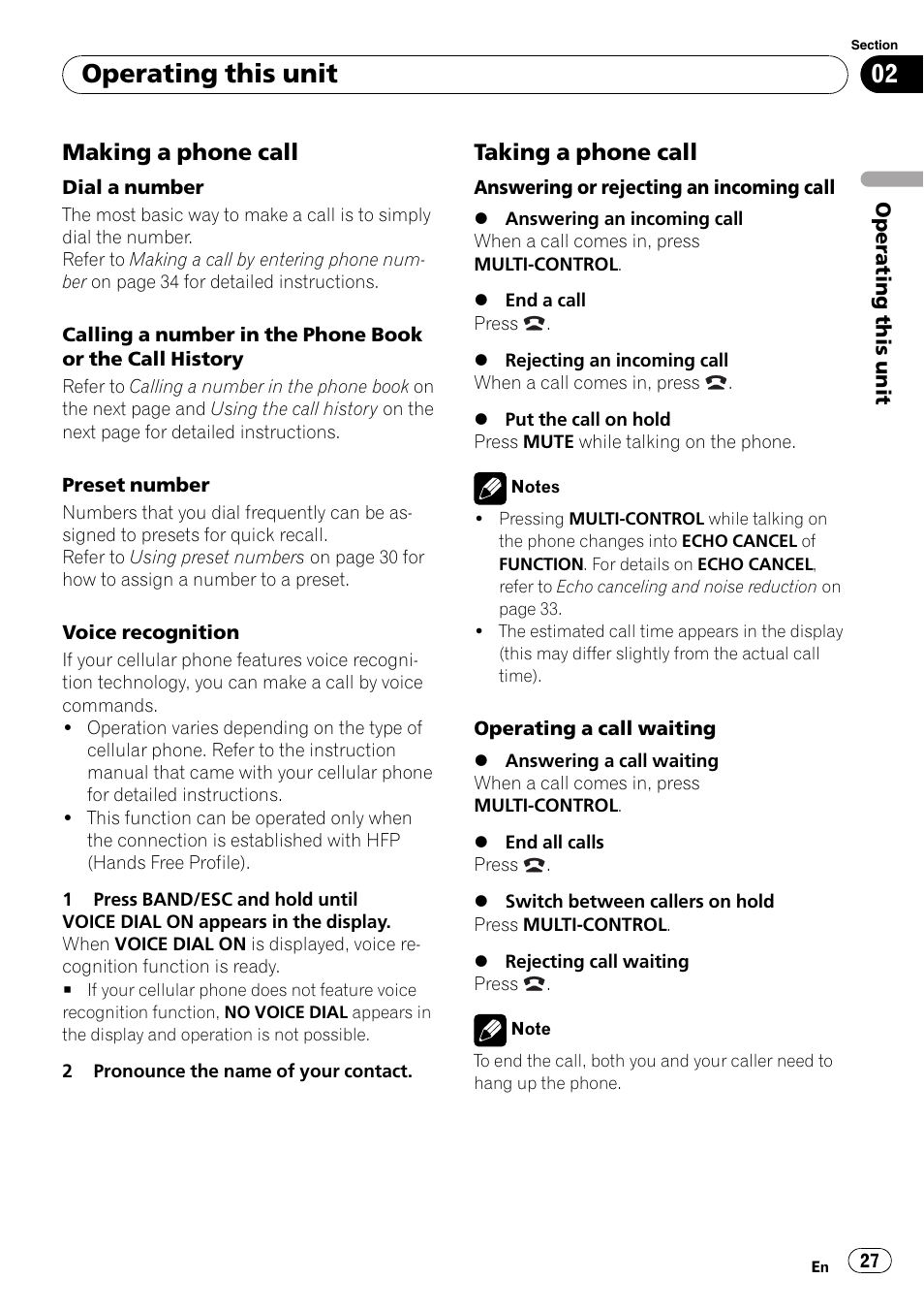 Making a phone call 27, Taking a phone call 27, Operating this unit | Making a phone call, Taking a phone call | Pioneer DEH-600BT User Manual | Page 27 / 51