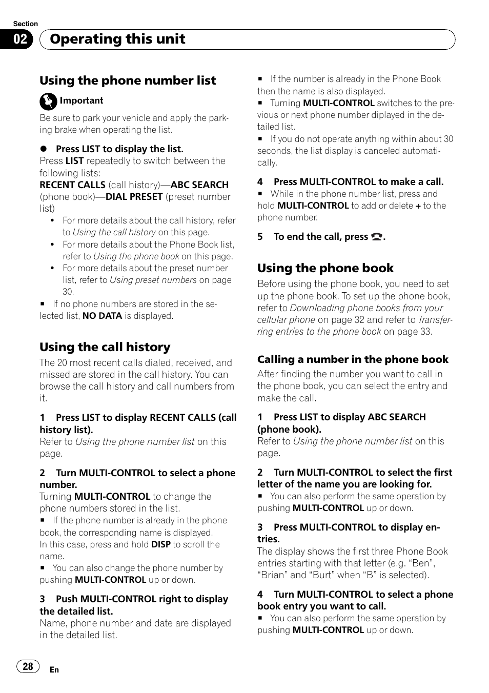 Using the phone number list 28, Using the call history 28, Using the phone book 28 | Operating this unit, Using the phone number list, Using the call history, Using the phone book | Pioneer DEH-600BT User Manual | Page 28 / 51