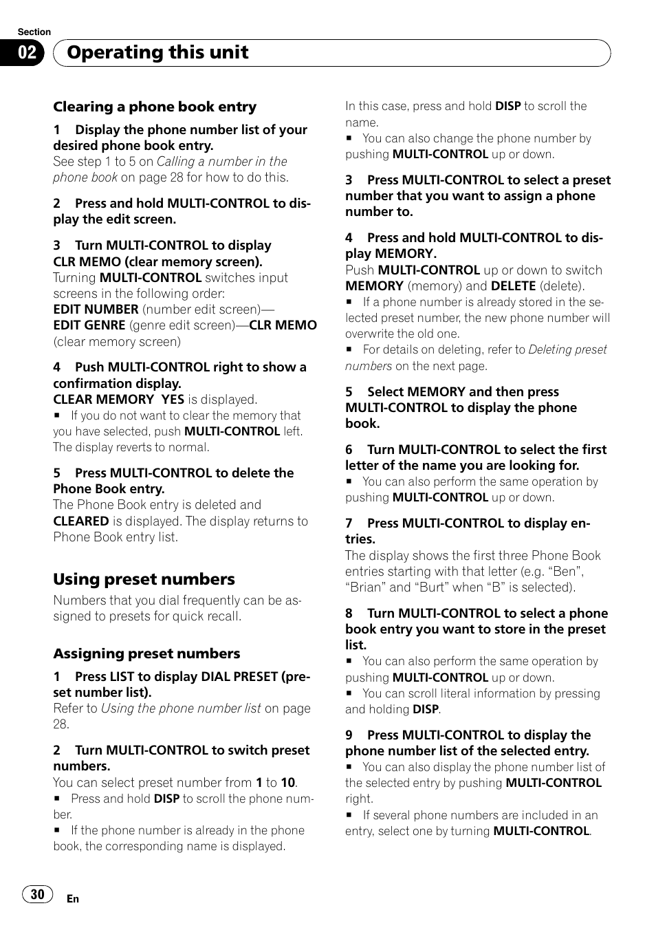 Using preset numbers 30, Operating this unit, Using preset numbers | Pioneer DEH-600BT User Manual | Page 30 / 51