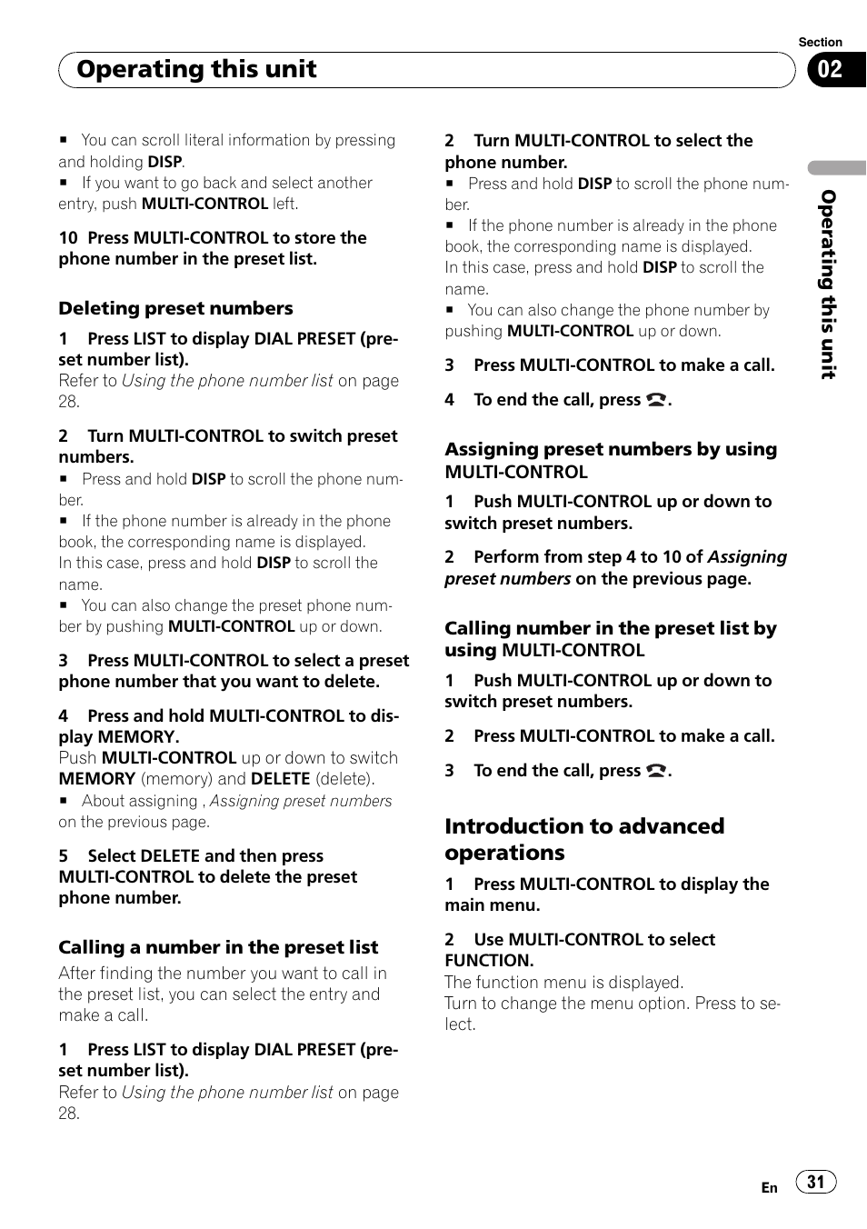 Introduction to advanced, Operations, Operating this unit | Introduction to advanced operations | Pioneer DEH-600BT User Manual | Page 31 / 51