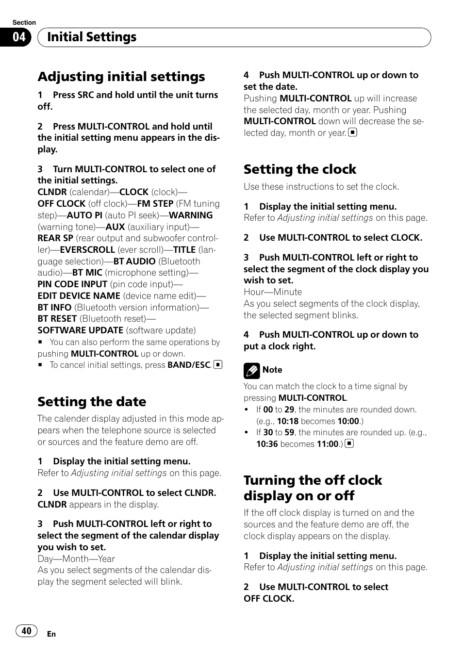 Initial settings adjusting initial settings, Setting the date, Setting the clock | Turning the off clock display on or off, Adjusting initial settings, Initial settings | Pioneer DEH-600BT User Manual | Page 40 / 51