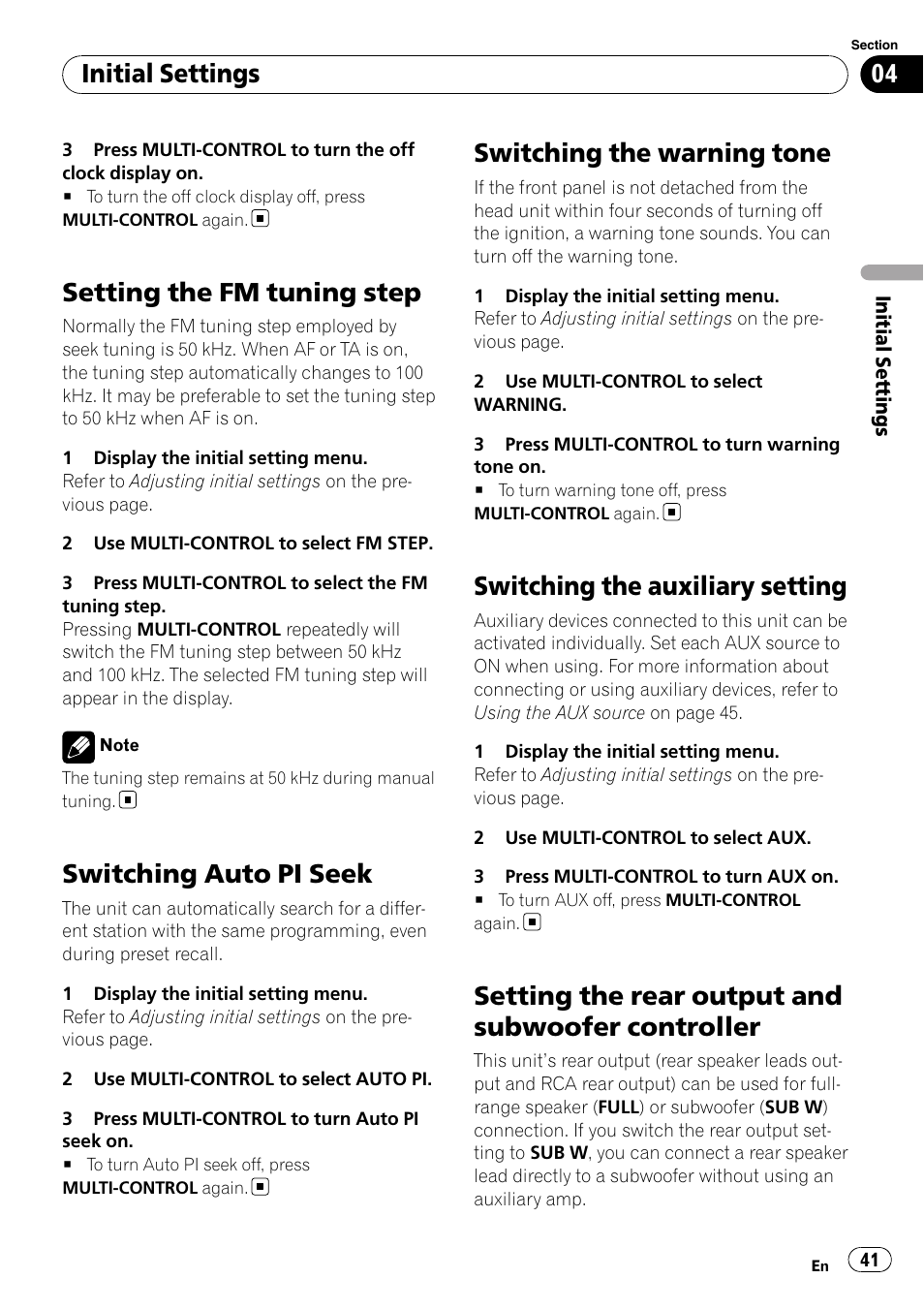 Setting the fm tuning step, Switching auto pi seek, Switching the warning tone | Switching the auxiliary setting, Setting the rear output and subwoofer, Controller, Setting the rear output and subwoofer controller, Initial settings | Pioneer DEH-600BT User Manual | Page 41 / 51