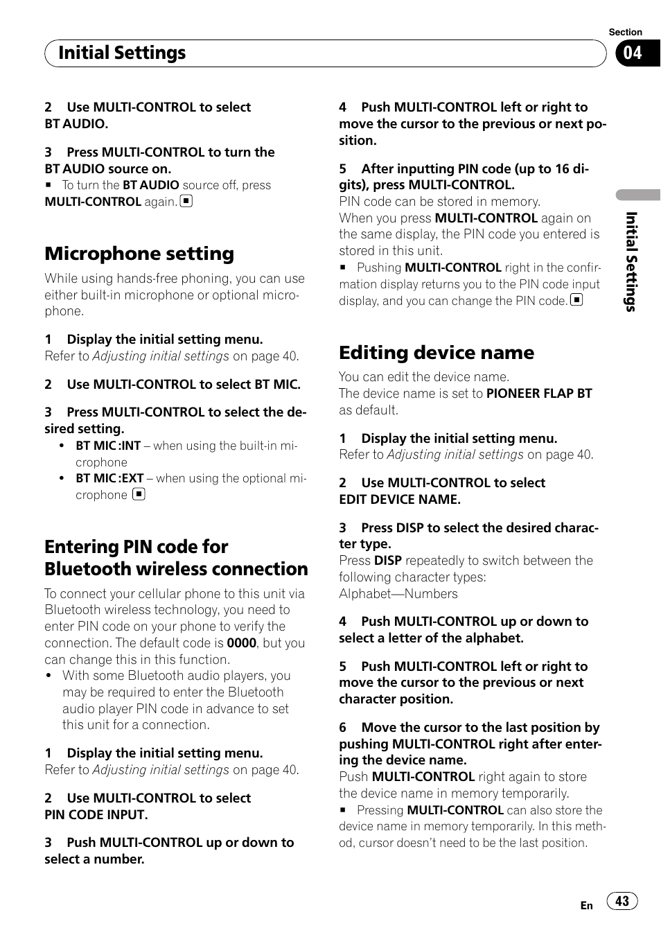 Microphone setting, Entering pin code for bluetooth wireless, Connection | Editing device name, Initial settings | Pioneer DEH-600BT User Manual | Page 43 / 51