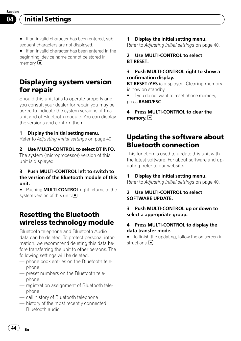 Displaying system version for repair, Resetting the bluetooth wireless technology, Module | Updating the software about bluetooth, Connection, Resetting the bluetooth wireless technology module, Updating the software about bluetooth connection, Initial settings | Pioneer DEH-600BT User Manual | Page 44 / 51