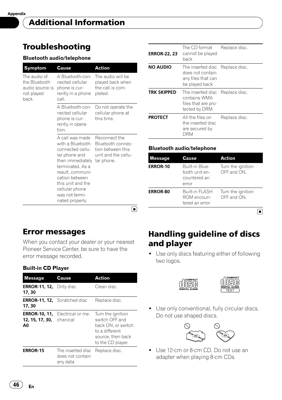 Additional information troubleshooting, Error messages, Handling guideline of discs and player | Error, Troubleshooting, Additional information | Pioneer DEH-600BT User Manual | Page 46 / 51