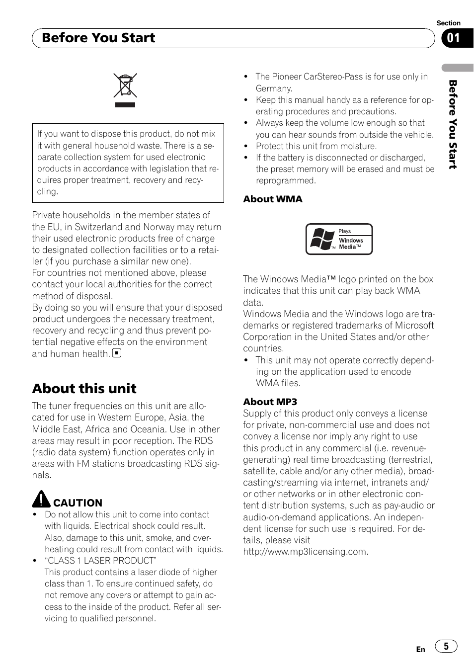 Before you start, About this unit | Pioneer DEH-600BT User Manual | Page 5 / 51