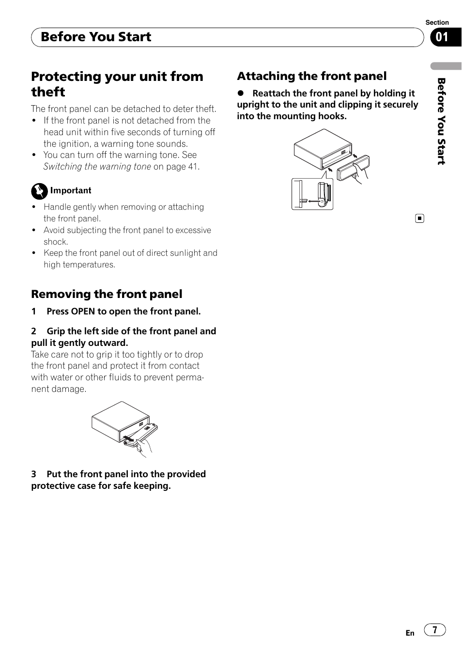 Protecting your unit from theft, Removing the front panel 7, Attaching the front panel 7 | Before you start | Pioneer DEH-600BT User Manual | Page 7 / 51