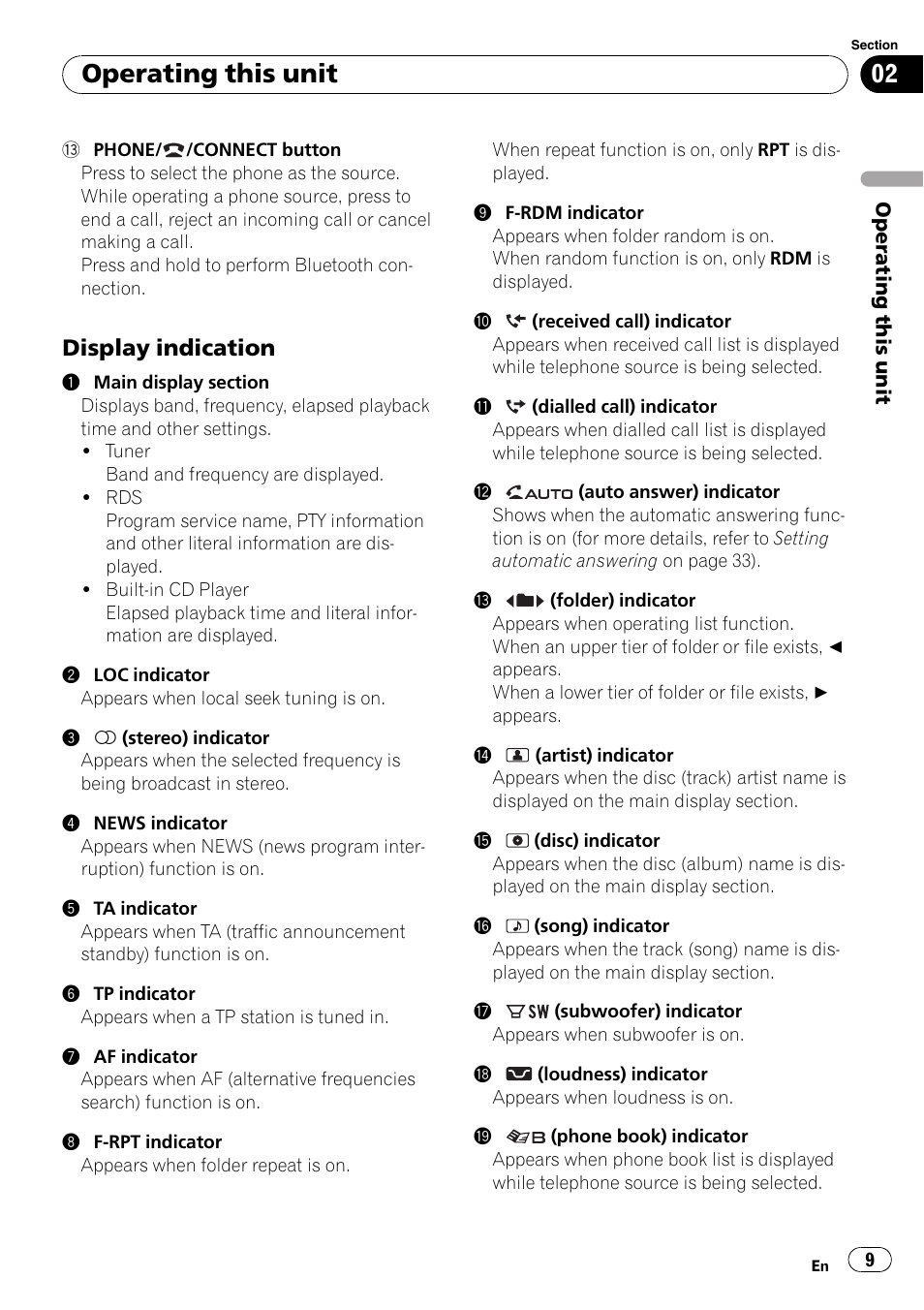 Display indication 9, Operating this unit, Display indication | Pioneer DEH-600BT User Manual | Page 9 / 51