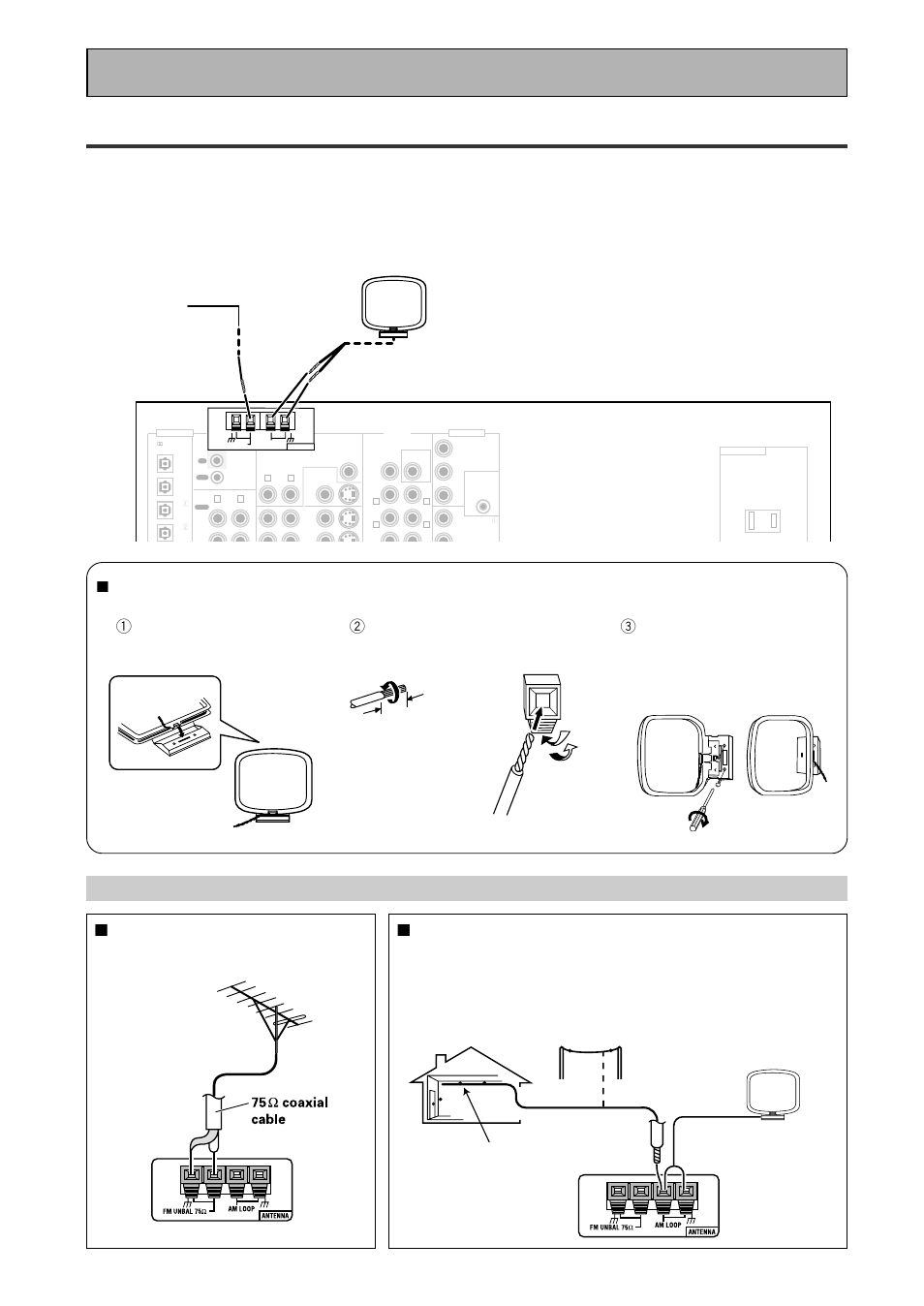 Connecting the radio antennas, Using outdoor antennas, 7 to improve am reception | 7 to improve fm reception, Connecting your equipment, Fm wire antenna am loop antenna 7 am loop antenna, Connect an external fm antenna, 3/8 in. (10 mm) | Pioneer VSX-45TX User Manual | Page 24 / 120