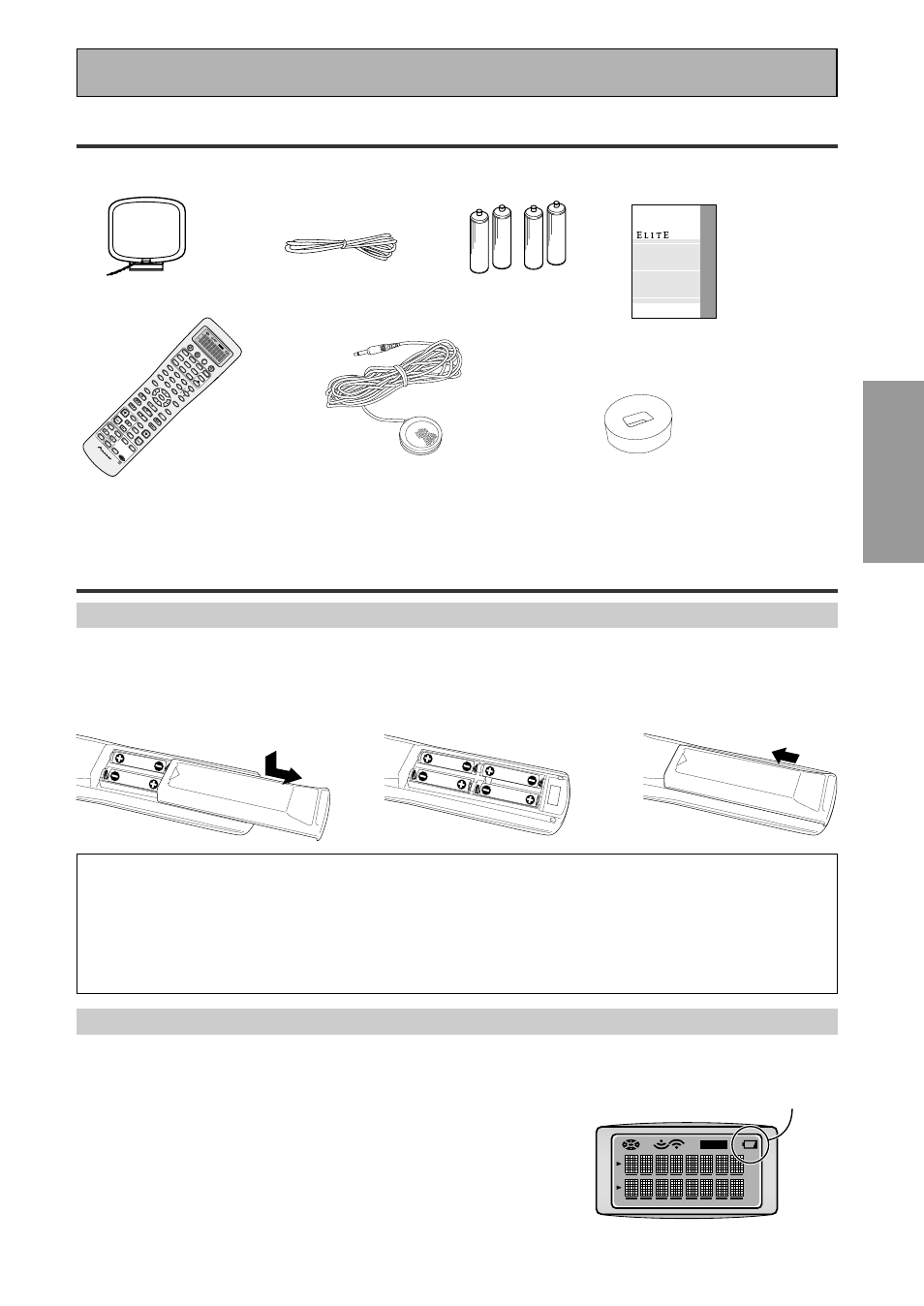 Before you start, Checking the supplied accessories, Preparing the remote control | Prep ara tion prep ara tion prep ara tion, Remote control battery indicator, Loading the batteries | Pioneer VSX-45TX User Manual | Page 7 / 120