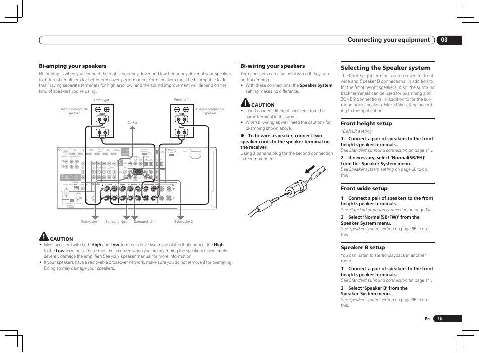 Single), 03 connecting your equipment, Selecting the speaker system | Bi-amping your speakers, Bi-wiring your speakers, Front height setup, Front wide setup, Speaker b setup, Caution, 2 select ‘speaker b’ from the speaker system menu | Pioneer VSX-1121-K User Manual | Page 15 / 100