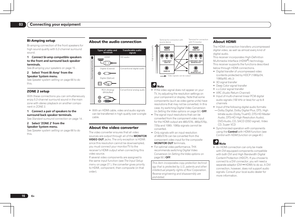 03 connecting your equipment, About hdmi, About the audio connection | About the video converter | Pioneer VSX-1121-K User Manual | Page 16 / 100