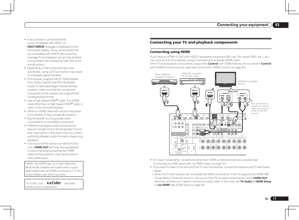 Single), 03 connecting your equipment, Connecting your tv and playback components | Connecting using hdmi | Pioneer VSX-1121-K User Manual | Page 17 / 100