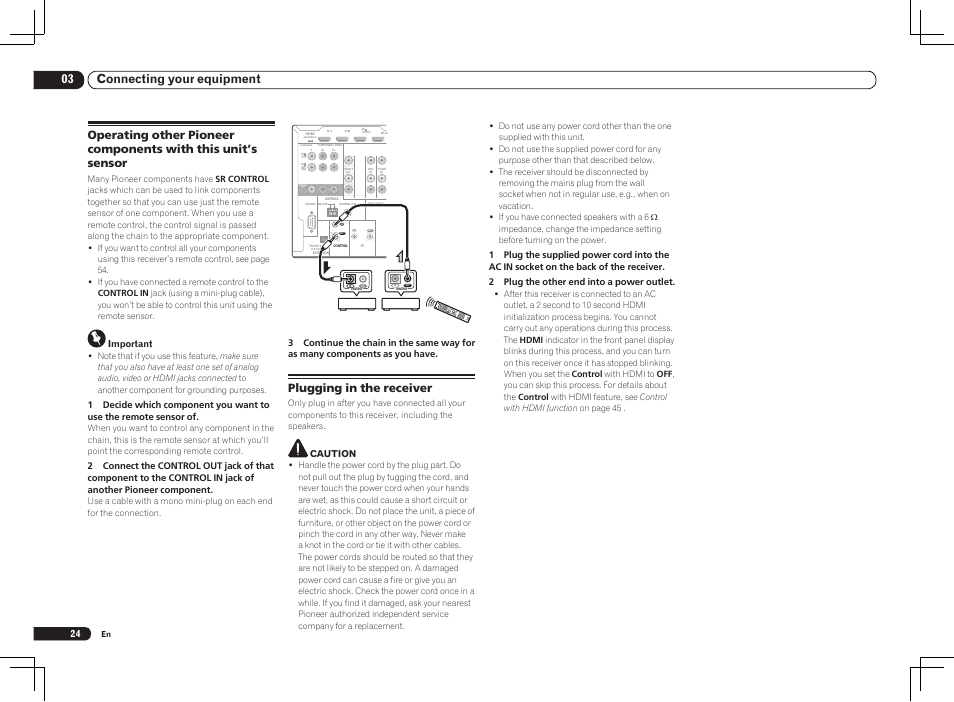 03 connecting your equipment, Plugging in the receiver, Important | Caution | Pioneer VSX-1121-K User Manual | Page 24 / 100