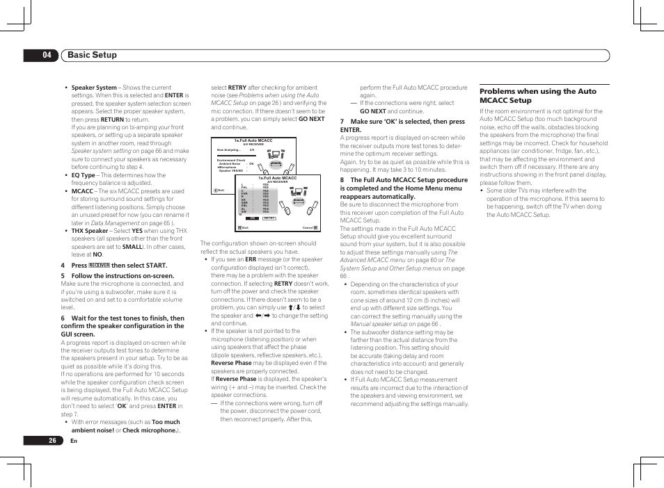 04 basic setup, Problems when using the auto mcacc setup | Pioneer VSX-1121-K User Manual | Page 26 / 100