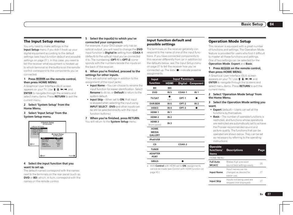 04 basic setup, The input setup menu, Operation mode setup | Pioneer VSX-1121-K User Manual | Page 27 / 100