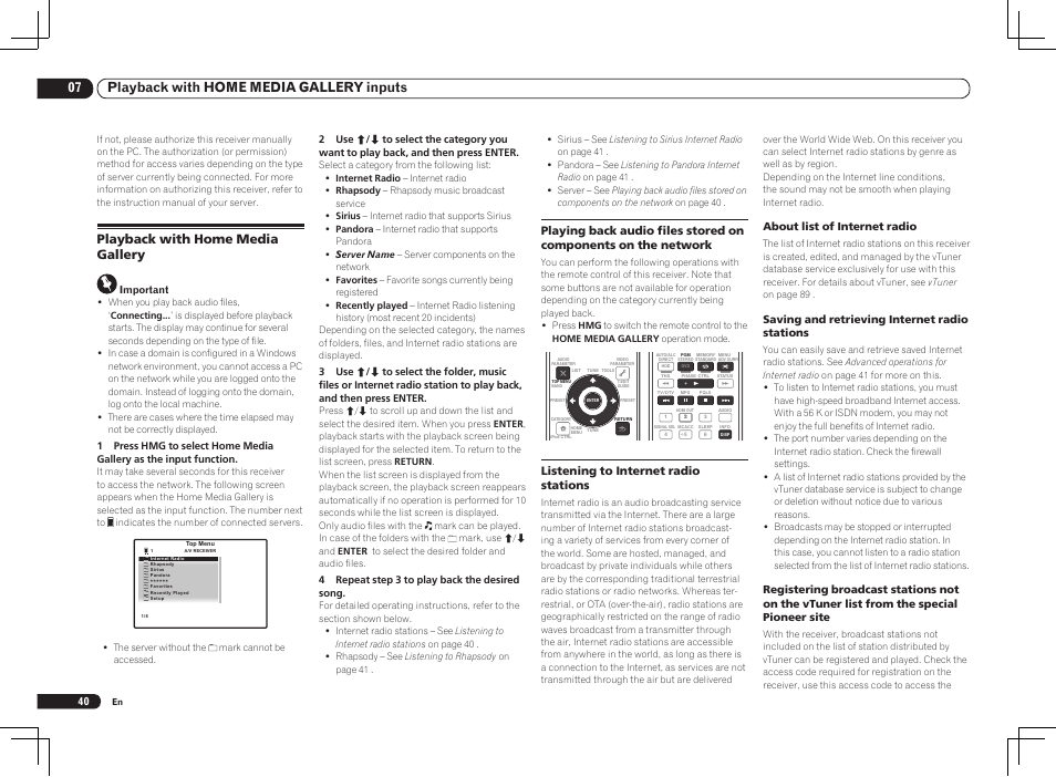 07 playback with home media gallery inputs, Playback with home media gallery, Listening to internet radio stations | About list of internet radio, Saving and retrieving internet radio stations | Pioneer VSX-1121-K User Manual | Page 40 / 100