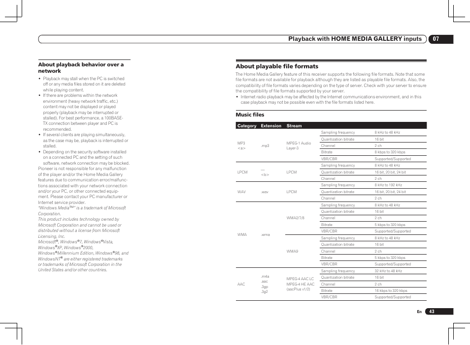 07 playback with home media gallery inputs, About playable file formats | Pioneer VSX-1121-K User Manual | Page 43 / 100