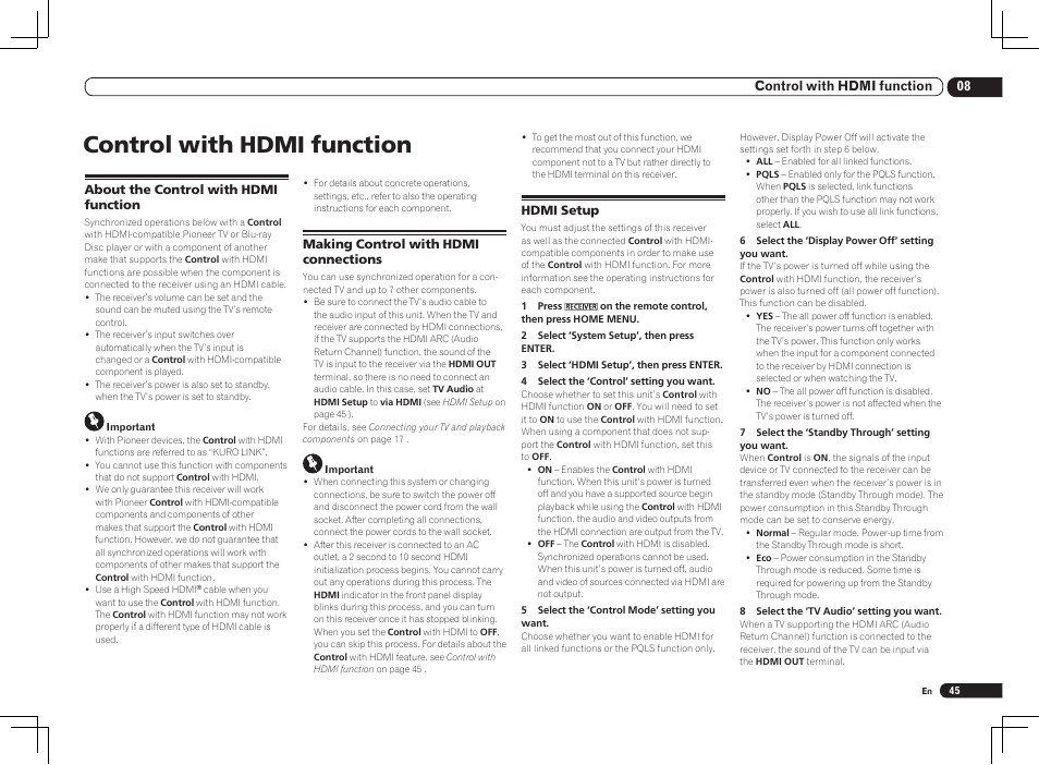 Control with hdmi function | Pioneer VSX-1121-K User Manual | Page 45 / 100