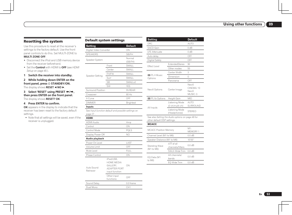 09 using other functions, Resetting the system | Pioneer VSX-1121-K User Manual | Page 53 / 100