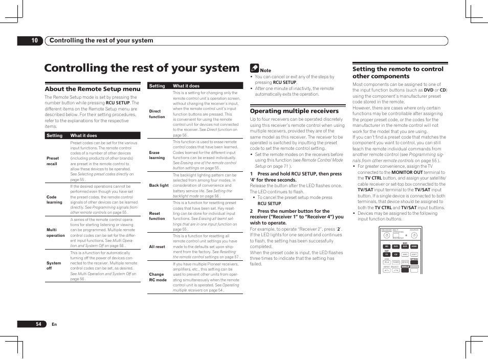 Controlling the rest of your system, 10 controlling the rest of your system, Operating multiple receivers | Setting the remote to control other components, About the remote setup menu | Pioneer VSX-1121-K User Manual | Page 54 / 100