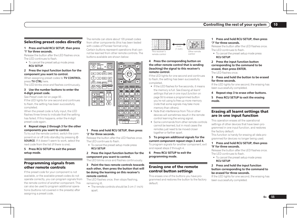 10 controlling the rest of your system, Selecting preset codes directly, Programming signals from other remote controls | Erasing one of the remote control button settings, 5 press rcu setup to exit the preset setup mode, 6 press rcu setup to exit the programming mode | Pioneer VSX-1121-K User Manual | Page 55 / 100