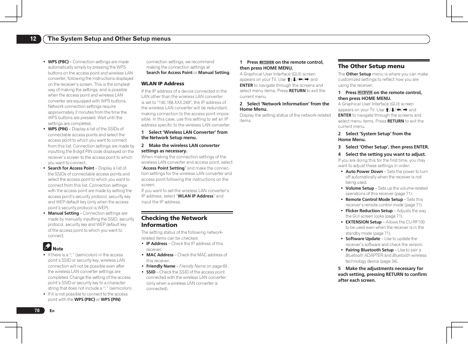 12 the system setup and other setup menus | Pioneer VSX-1121-K User Manual | Page 70 / 100