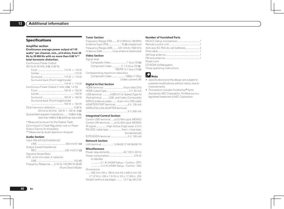 13 additional information | Pioneer VSX-1121-K User Manual | Page 92 / 100