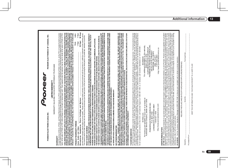 13 additional information | Pioneer VSX-1121-K User Manual | Page 99 / 100