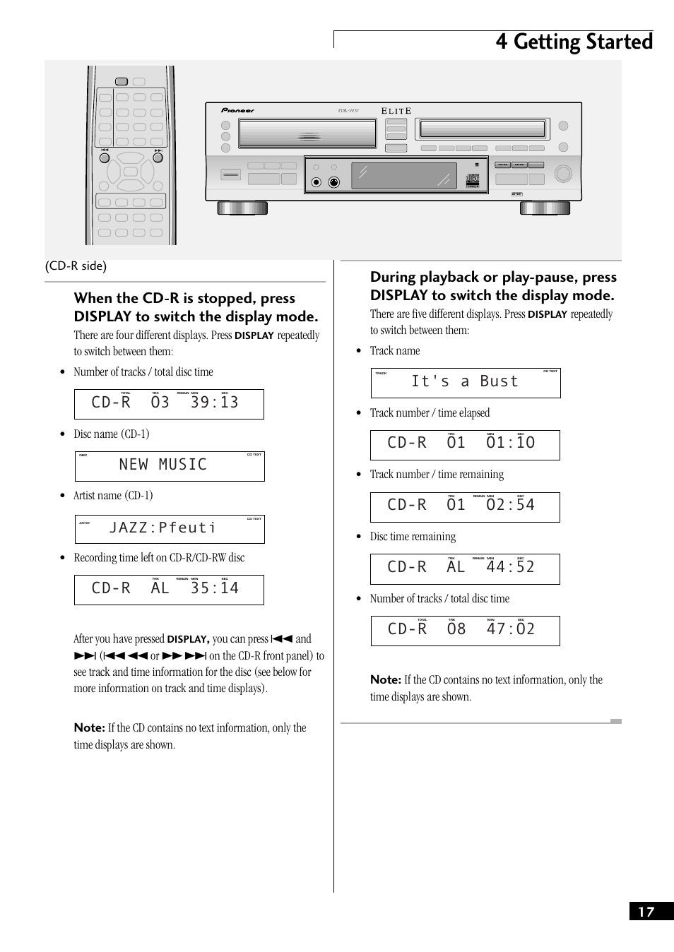 4 getting started, New music, Cd-r al 35:14 | It's a bust, Cd-r o1 o1:1o, Cd-r o1 o2:54, Cd-r al 44:52, Cd-r o8 47:o2, Jazz:pfeuti, Cd-r side) | Pioneer PDR-W37 User Manual | Page 17 / 52