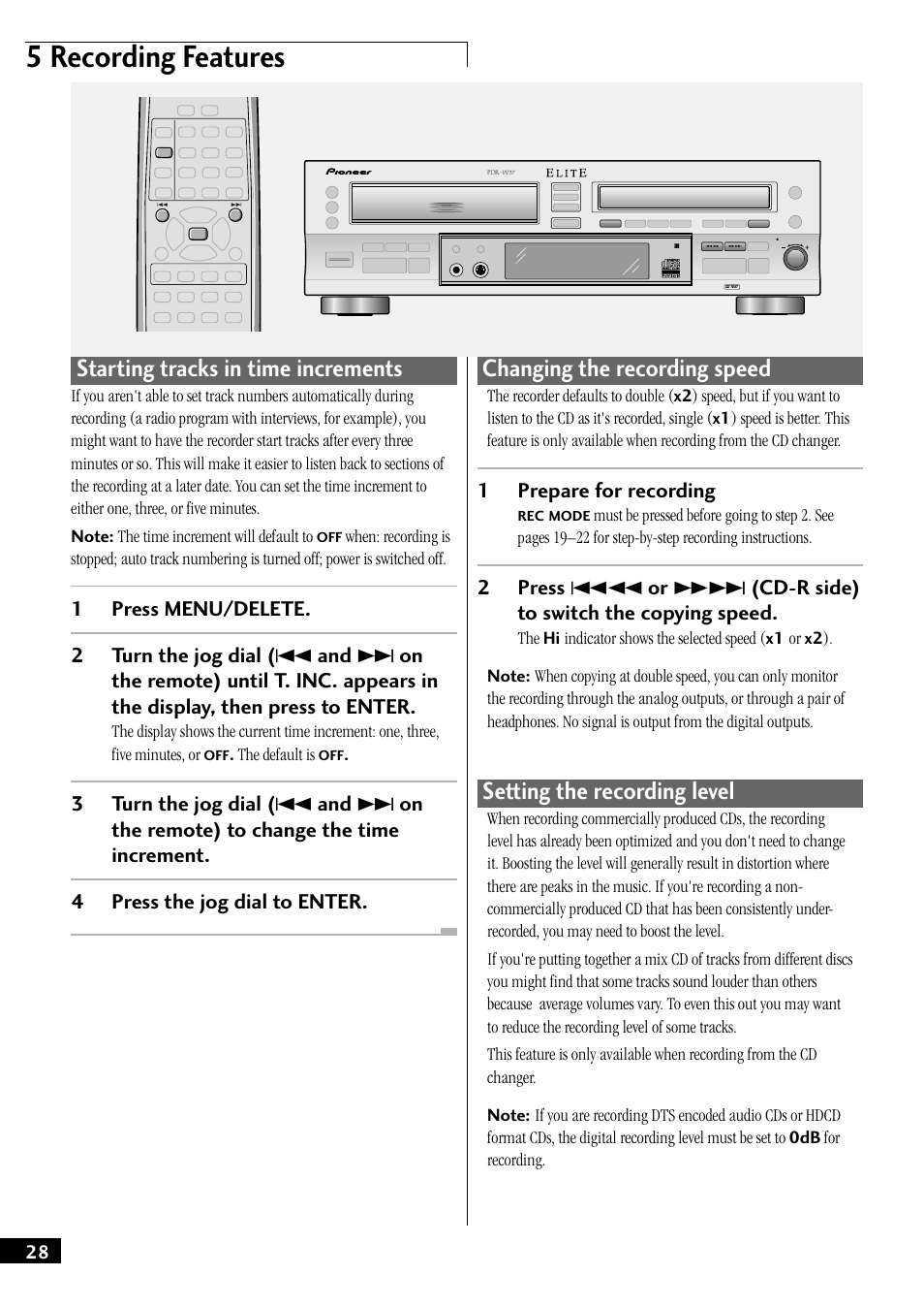 5 recording features, Starting tracks in time increments, Changing the recording speed | Setting the recording level, 1prepare for recording | Pioneer PDR-W37 User Manual | Page 28 / 52