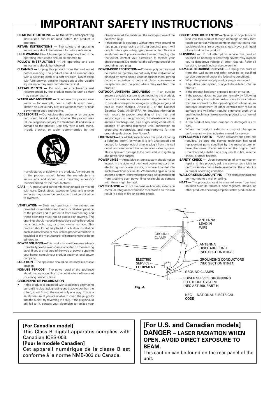 Important safety instructions, For u.s. and canadian models] danger | Pioneer PDR-W37 User Manual | Page 3 / 52
