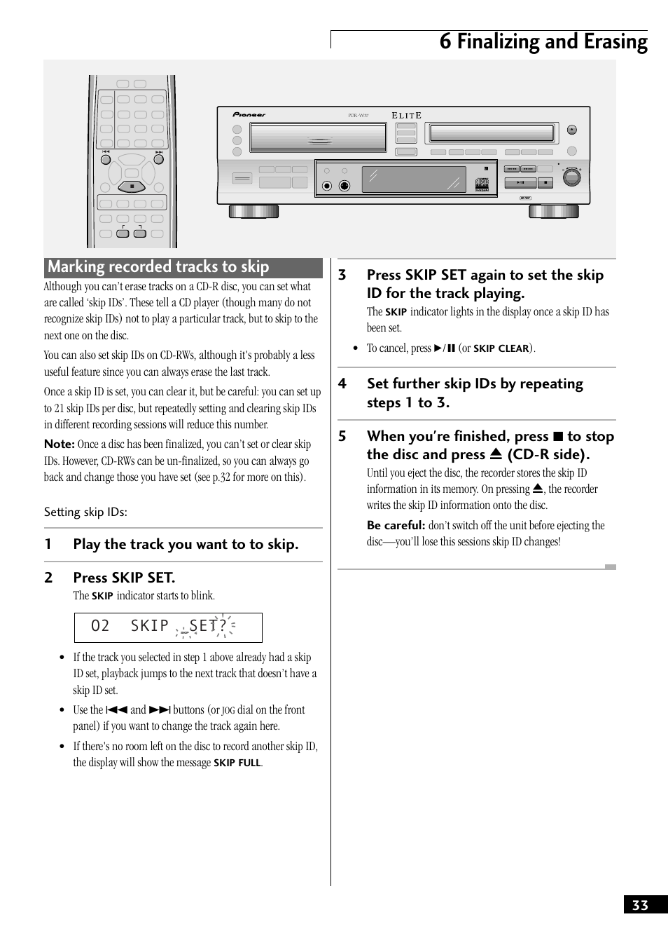 Marking recorded tracks to skip, 6 finalizing and erasing, O2 skip set | Indicator starts to blink | Pioneer PDR-W37 User Manual | Page 33 / 52