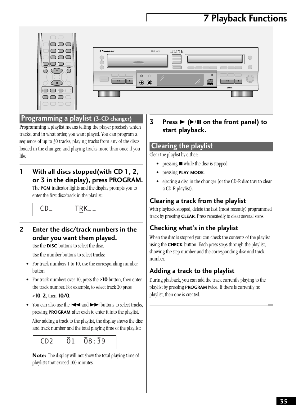 7 playback functions, Programming a playlist, Clearing the playlist | Cd– trk, 3press 3 ( 6 on the front panel) to start playback, Clearing a track from the playlist, Checking what's in the playlist, Adding a track to the playlist, Cd changer), Use the | Pioneer PDR-W37 User Manual | Page 35 / 52