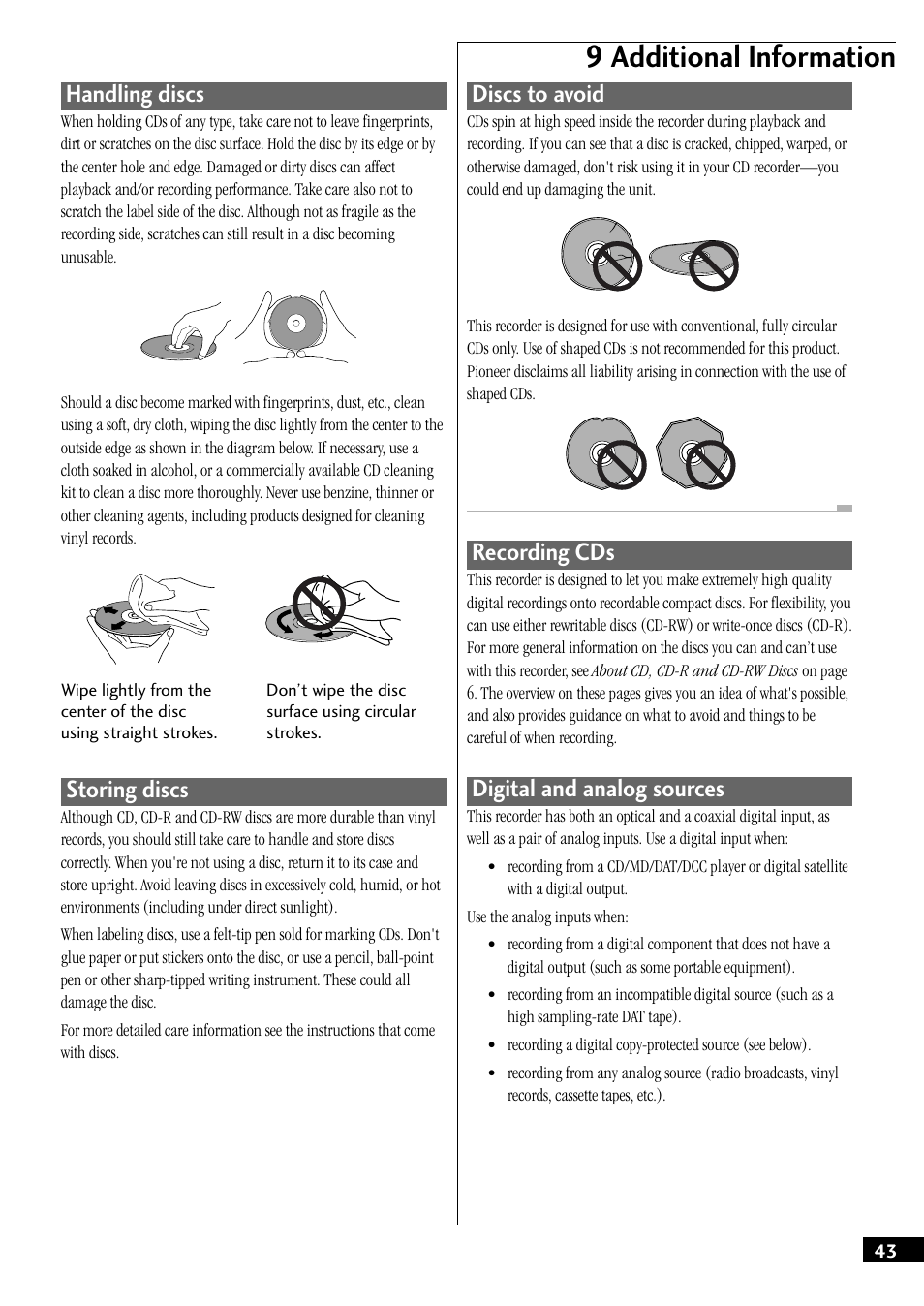 9 additional information, Storing discs, Handling discs | Discs to avoid, Recording cds, Digital and analog sources | Pioneer PDR-W37 User Manual | Page 43 / 52