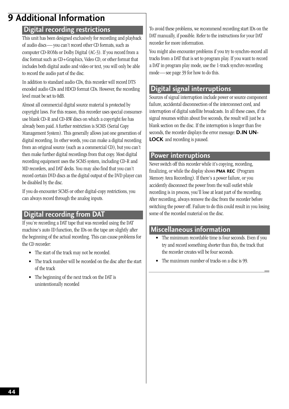 9 additional information, Digital recording restrictions, Digital recording from dat | Digital signal interruptions, Power interruptions, Miscellaneous information | Pioneer PDR-W37 User Manual | Page 44 / 52