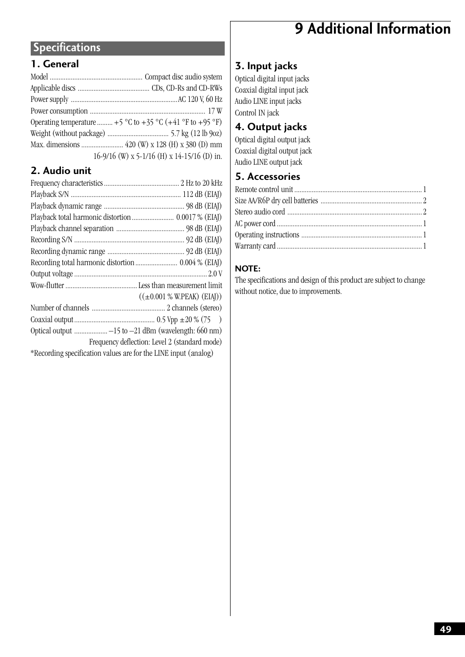 Specifications, 9 additional information | Pioneer PDR-W37 User Manual | Page 49 / 52