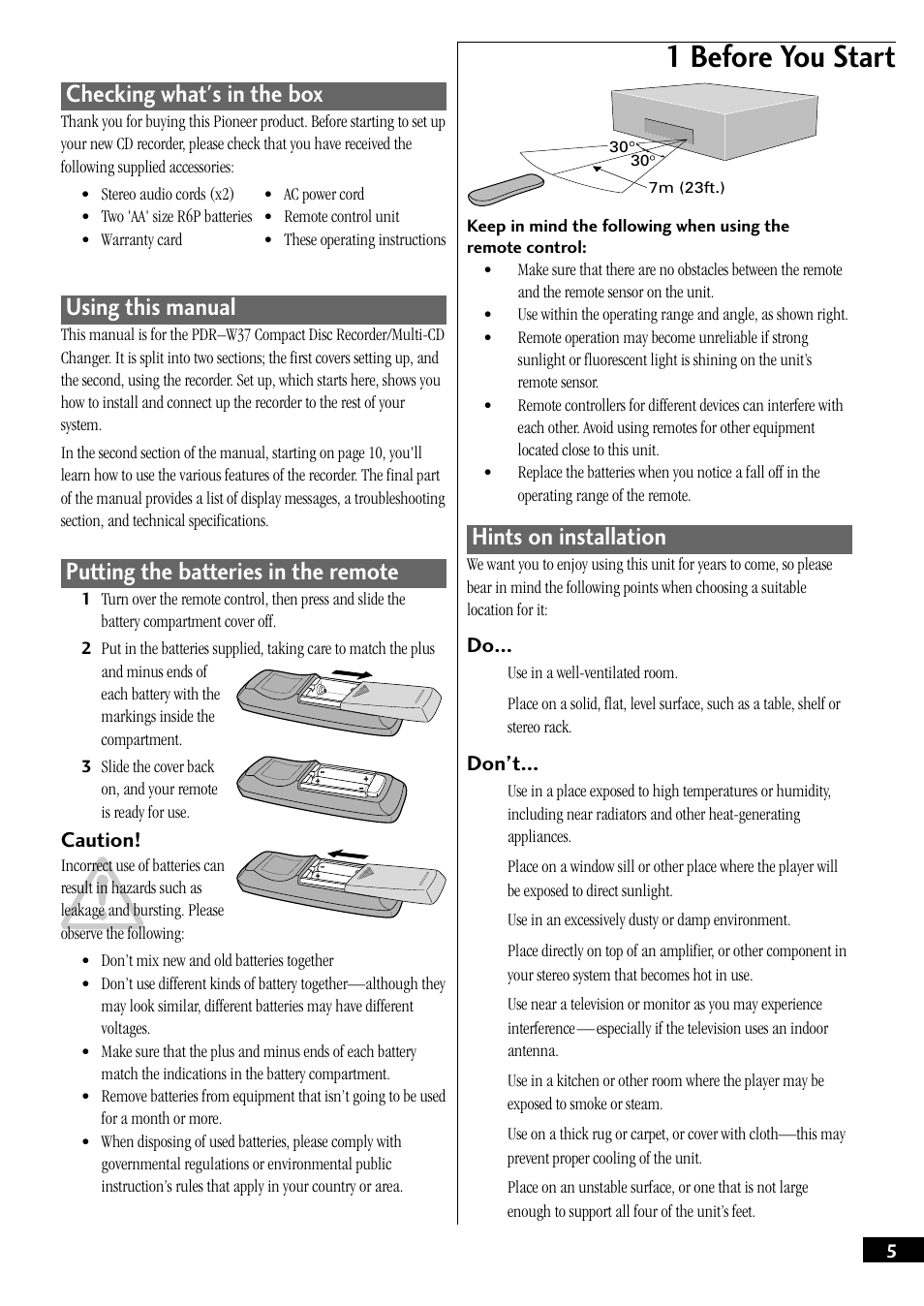 1 before you start, Hints on installation, Checking what's in the box | Using this manual, Putting the batteries in the remote | Pioneer PDR-W37 User Manual | Page 5 / 52